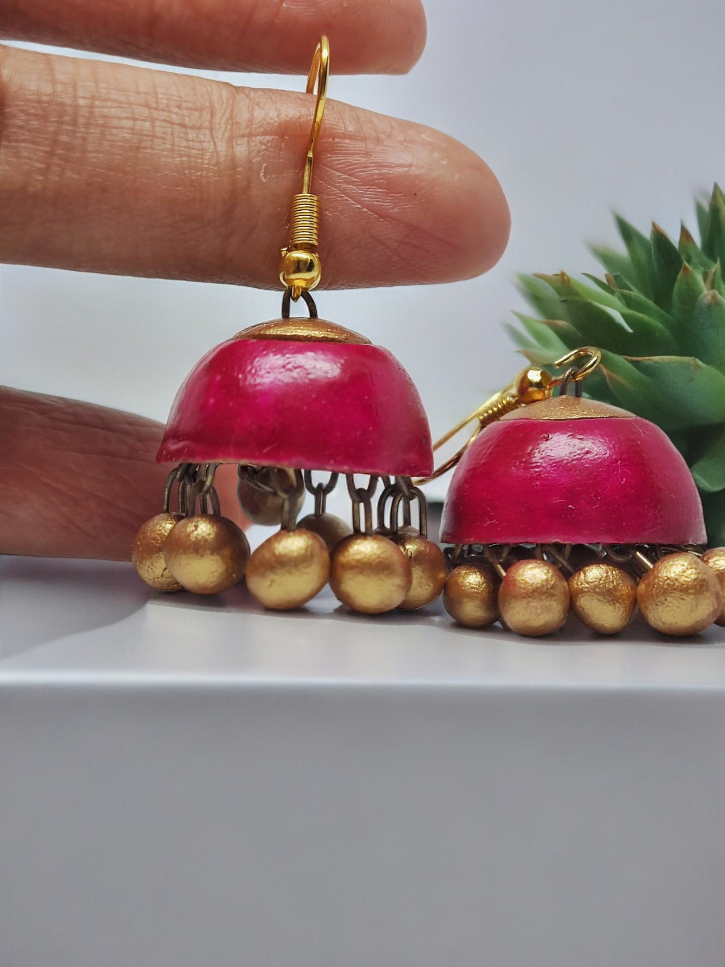 Sarala pink Terracotta jhumka for women with gold bead accents by Anusangi Collections