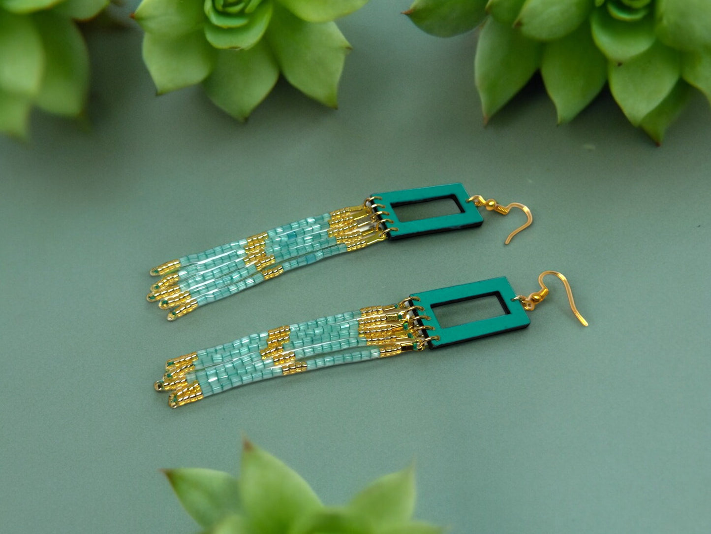 Anusangi Collections sea green beaded earrings with rectangular top and gold accents