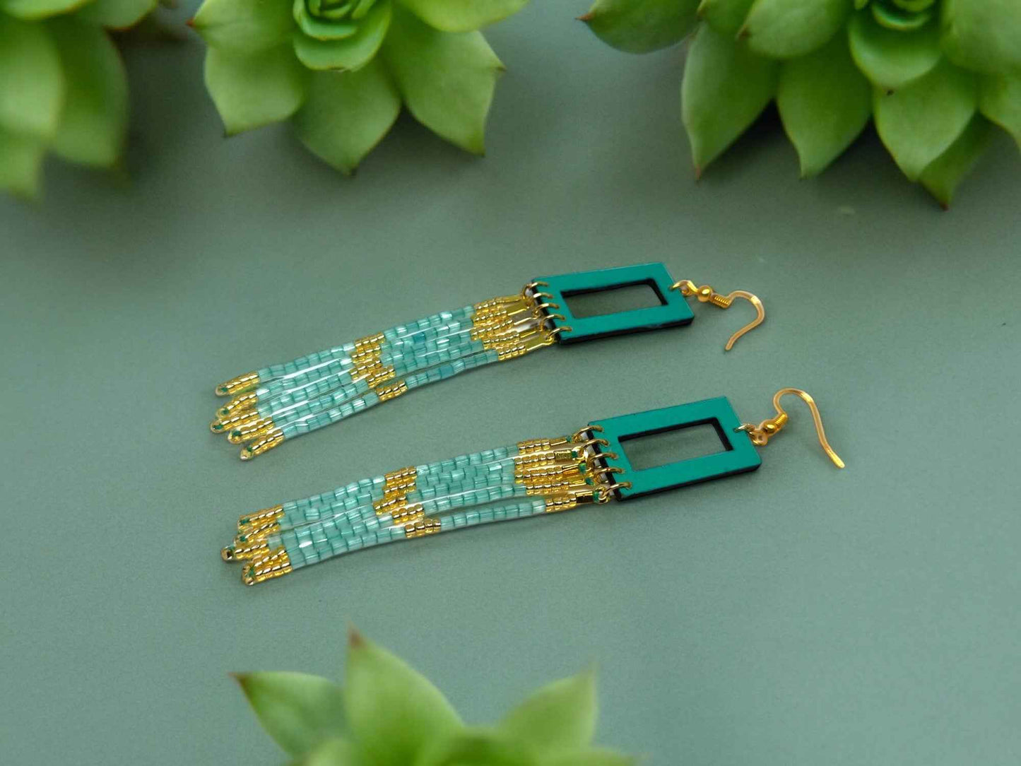Sea Green Beaded Earrings Handmade - Anusangi Collections