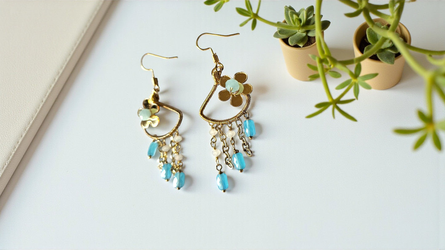 Sky Garden Dangles with floral designs and turquoise beads beaded earrings from Anusangi Collections