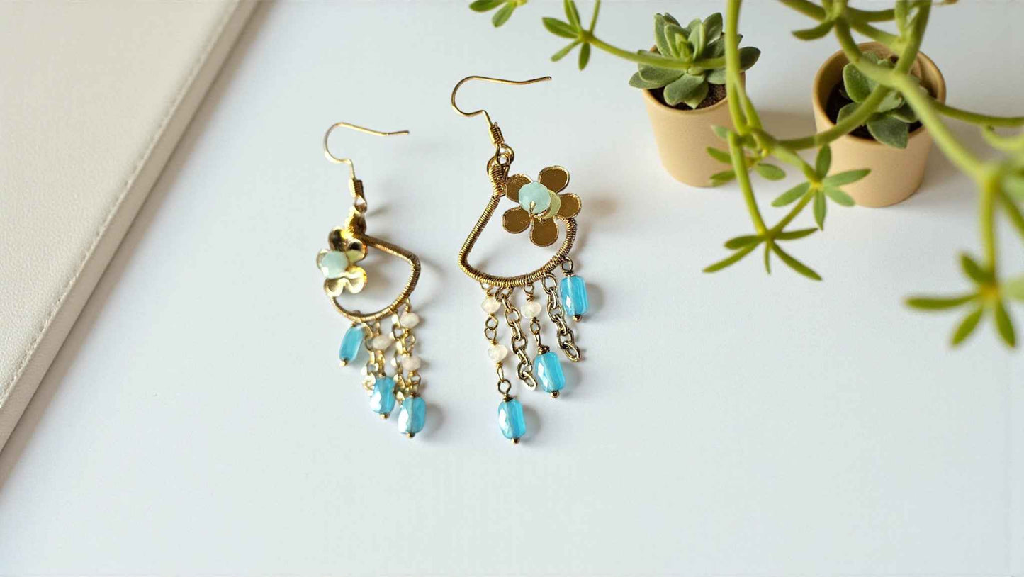 Sky Garden Dangles with floral designs and turquoise beads - Anusangi Collections