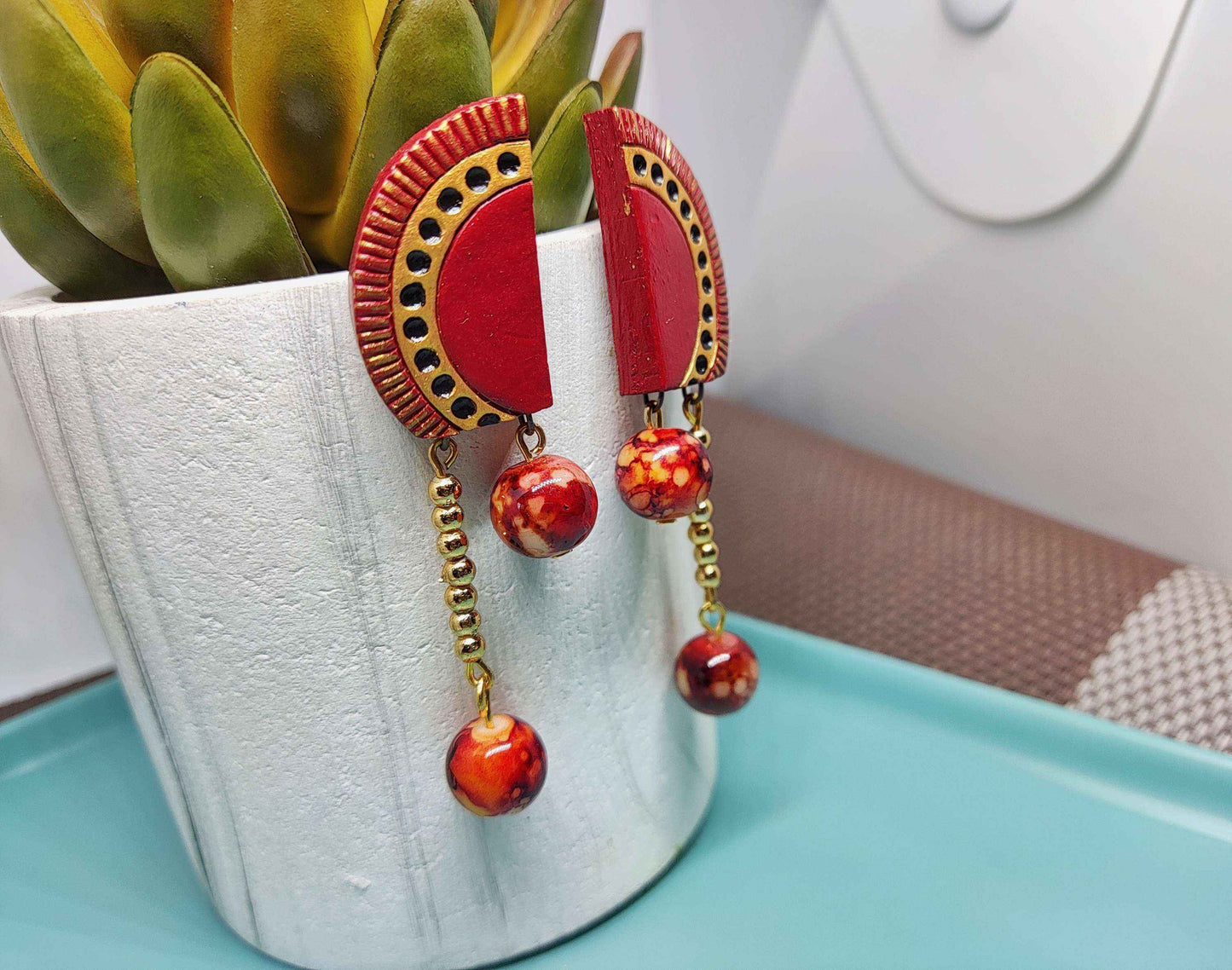 Red Dangle Statement - Terracotta Earrings - Anusangi Collections