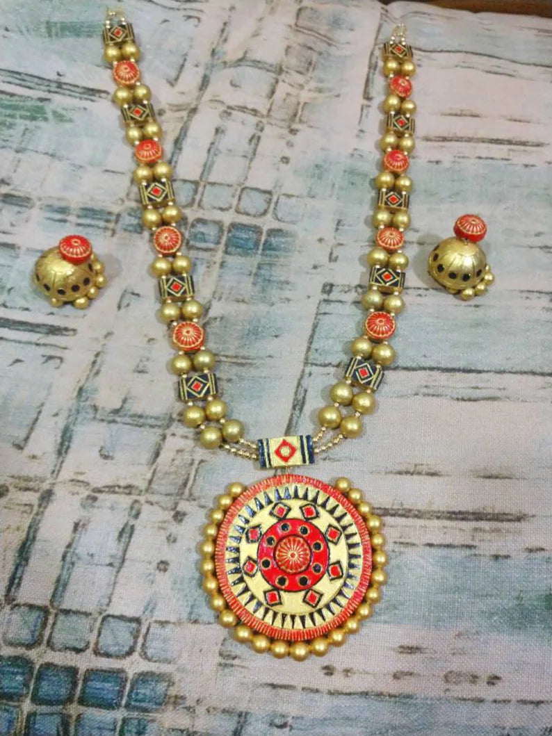 Sudarshan Chakra Jewelry Set Gold Red Terracotta Handmade