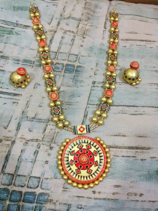 Anusangi Collections Sudarshan Chakra jewelry set terracotta necklace and matching earrings
