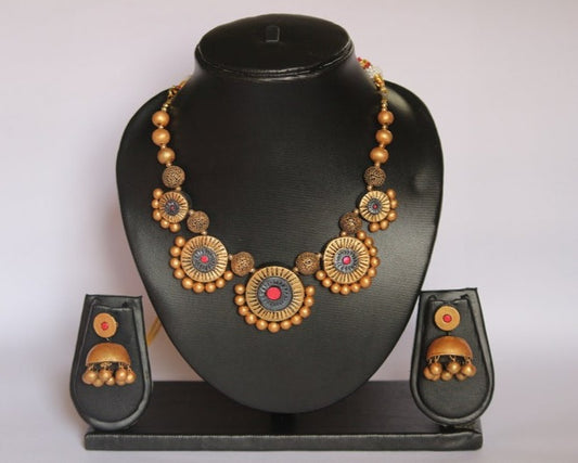 Sudarshana necklace handmade terracotta jewelry set with matching earrings from Anusangi Collections