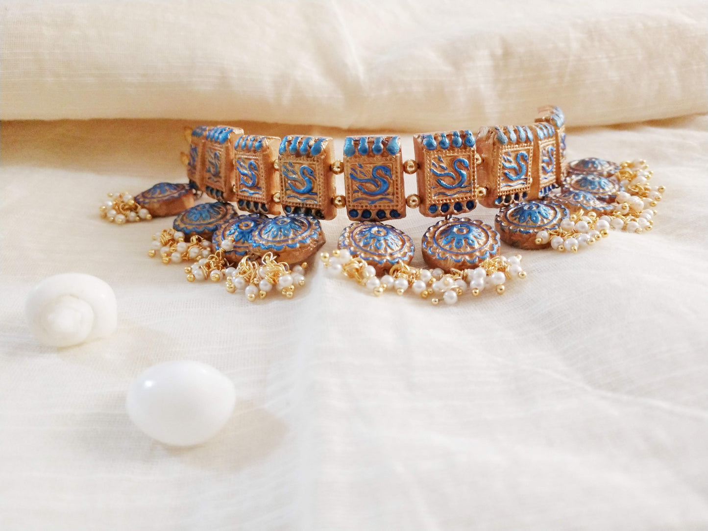 Anusangi Collections traditional fabric choker necklace terracotta jewelry set with blue and gold detailing