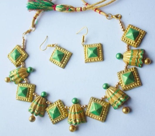 Traditional Golden Necklace Set with green terracotta square and bell-shaped beads from Anusangi Collections