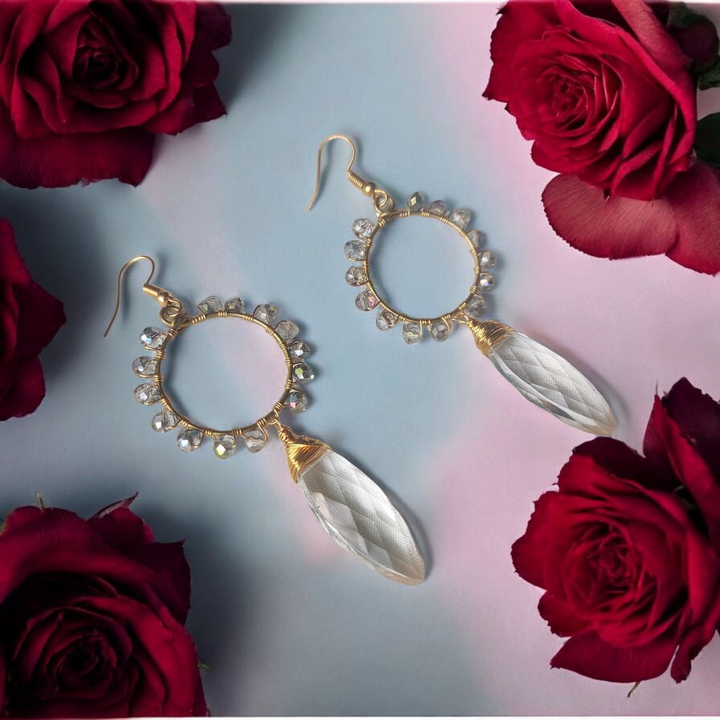 Anusangi Collections unique crystal beaded dangles earrings with gold hoops and white teardrop crystals