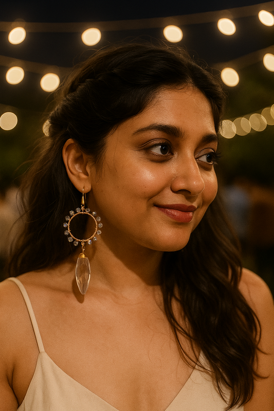 Woman wearing unique crystal beaded dangles earrings by Anusangi Collections at night