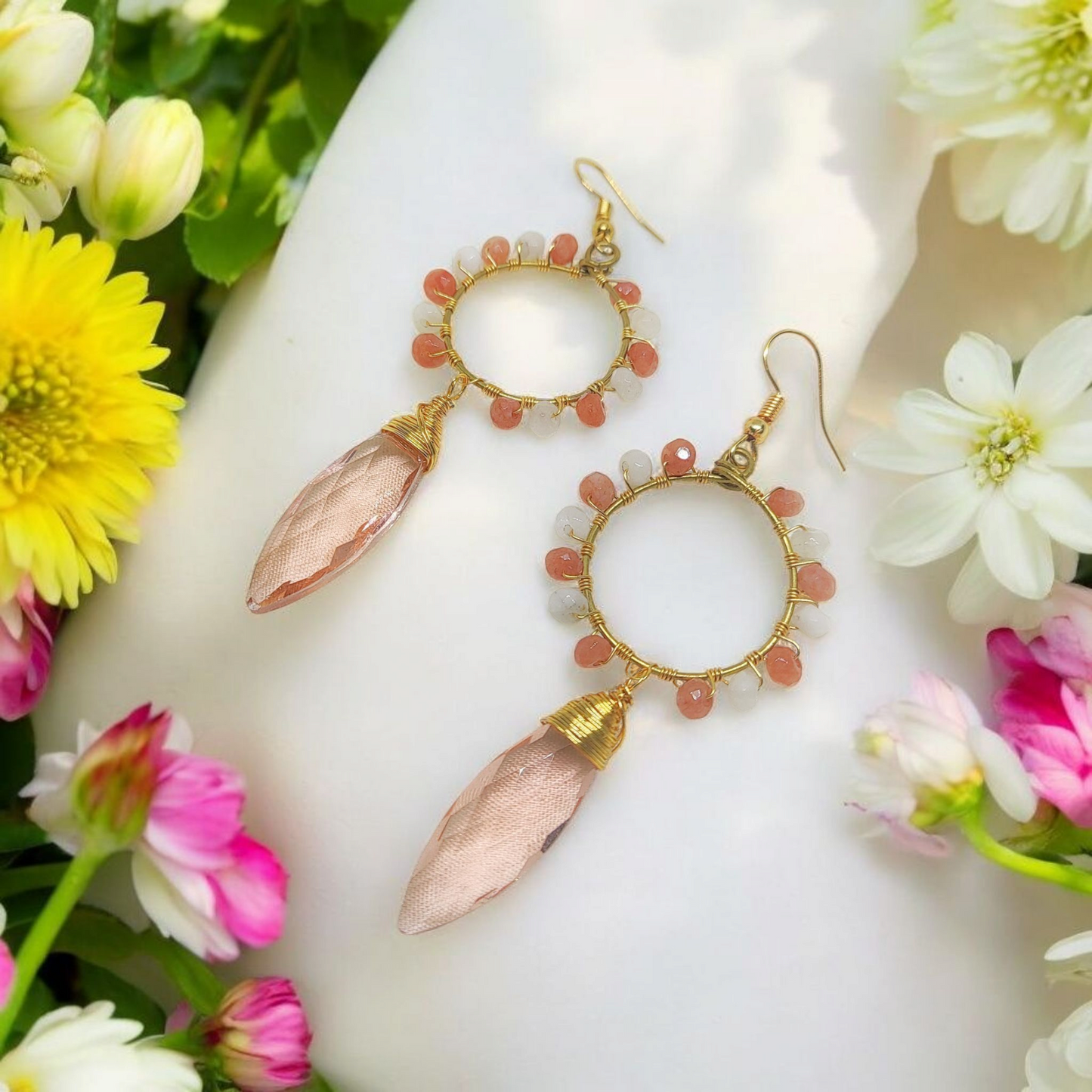 Anusangi Collections unique crystal beaded dangles earrings with pink teardrop crystals and gold hoop design