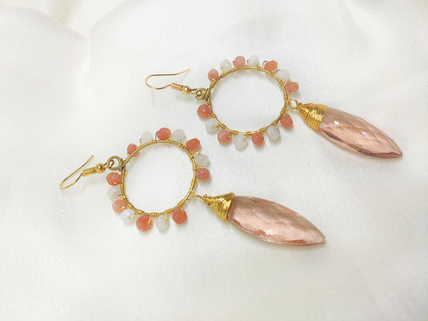 Anusangi Collections unique crystal beaded dangles featuring pink and white beads with gold hoops