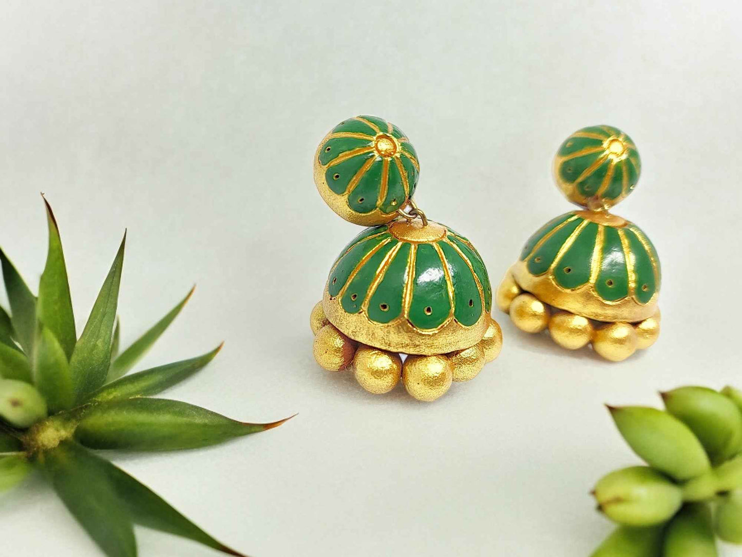 "Neerja" - Green Terracotta Jhumkas - Anusangi Collections