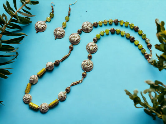 Anusangi Collections beaded jewelry set with green and silver beads unique handmade jewelry for women