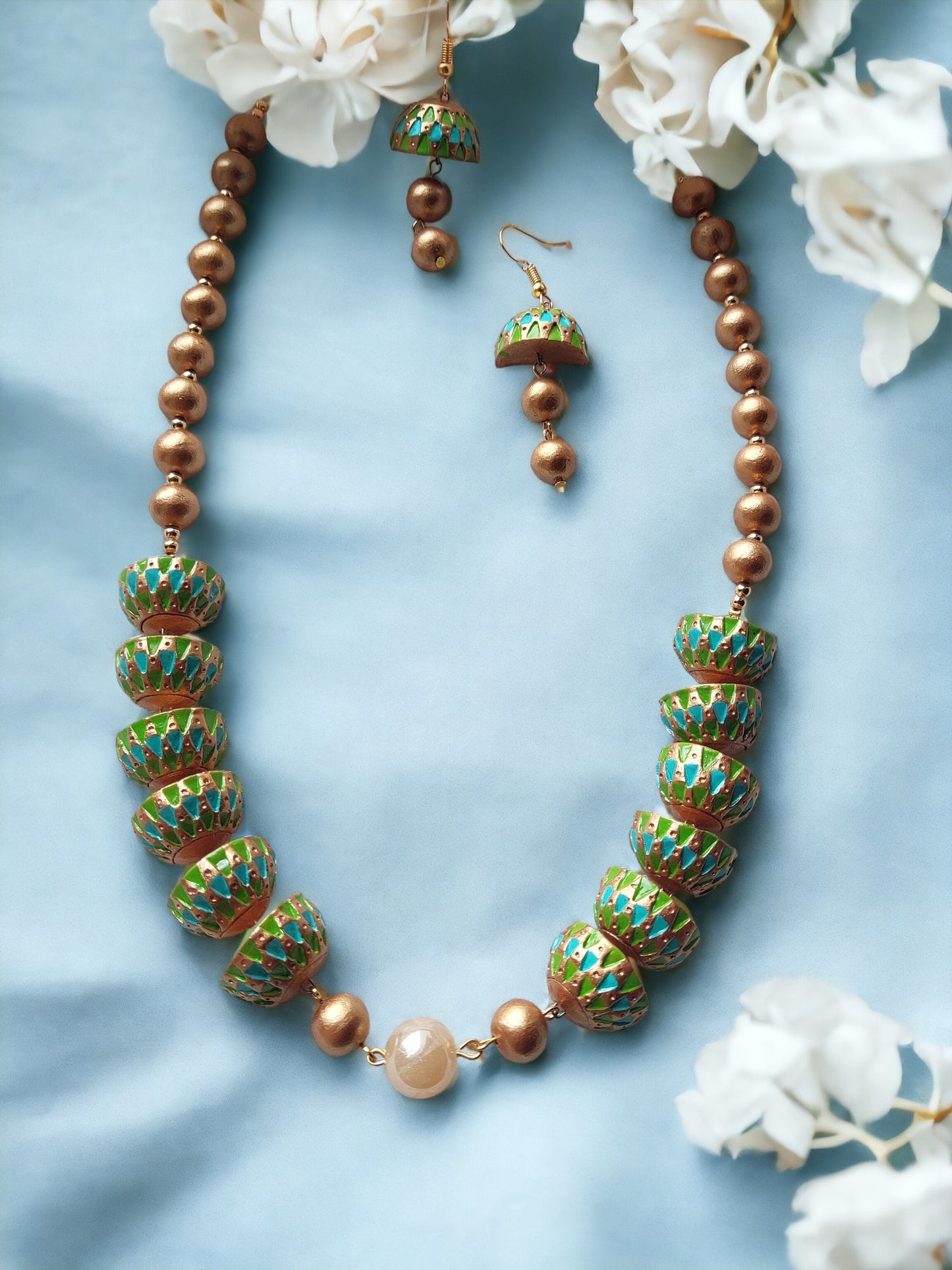 Anusangi Collections unique terracotta earrings and necklace set with green and gold accents