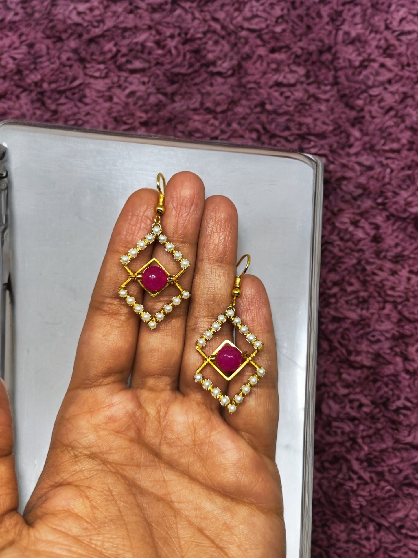 Urishilla Geometric Beaded Earrings by Anusangi Collections with gold frame and pink center beads
