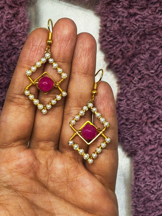 Urishilla Geometric Beaded Earrings with pink center stone and pearl accents from Anusangi Collections