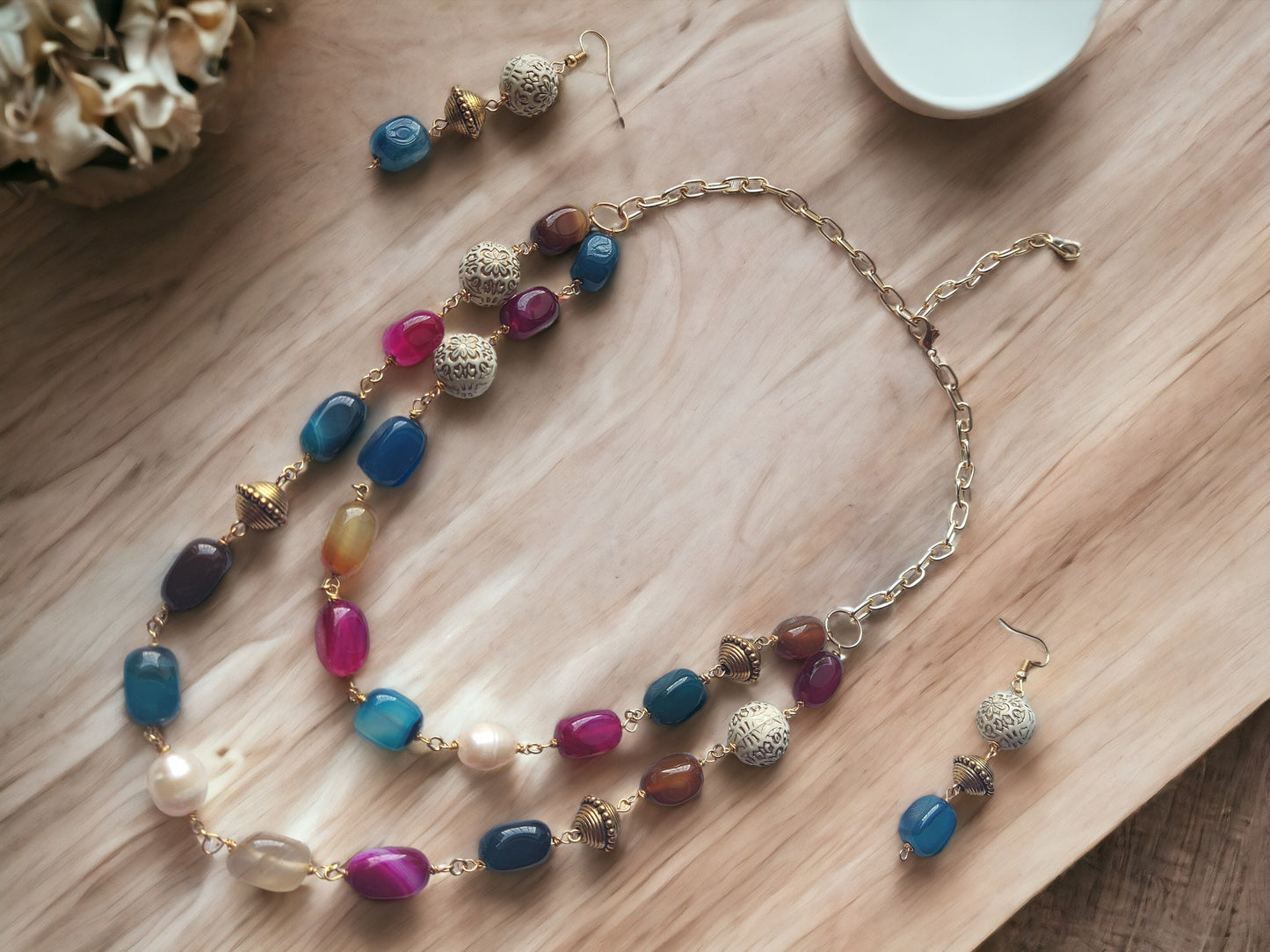 Anusangi Collections double layer handmade necklace with multicolored beads and matching earrings