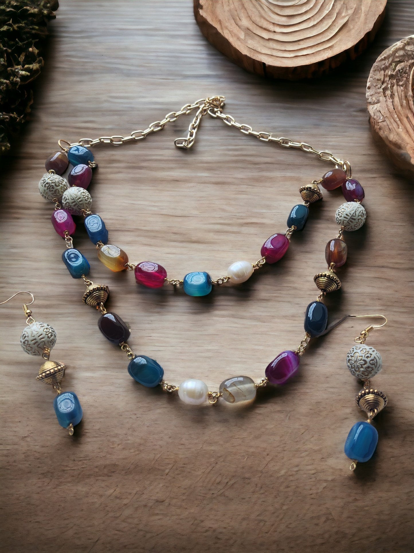 Double layer handmade necklace with colorful beads and matching earrings from Anusangi Collections