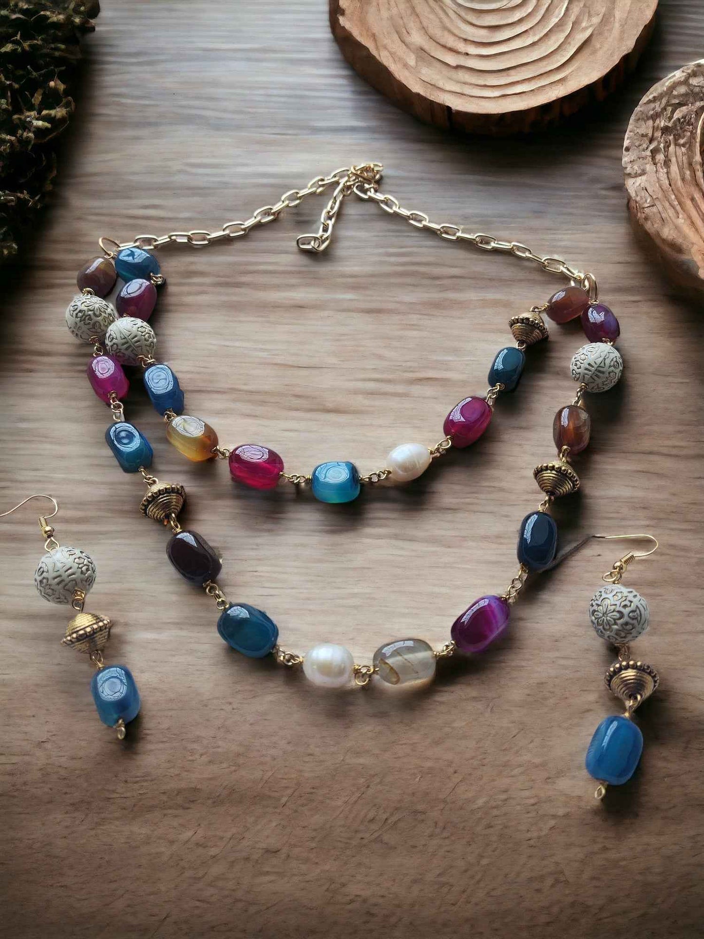 Double Layer Semi precious beaded jewellery set - Anusangi Collections