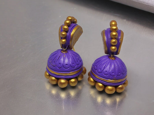 Ethnic purple jhumka earrings terracotta with golden bead detailing from Anusangi Collections