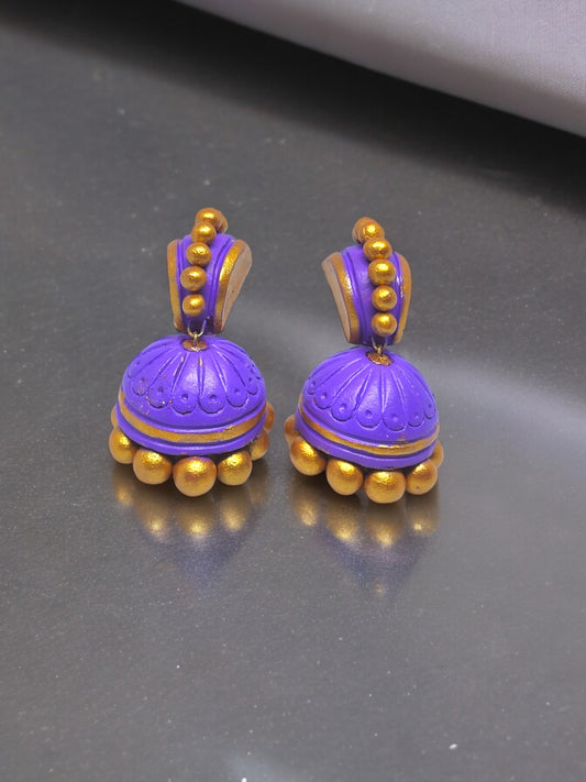 Ethnic purple jhumka earrings handcrafted terracotta with gold bead accents from Anusangi Collections