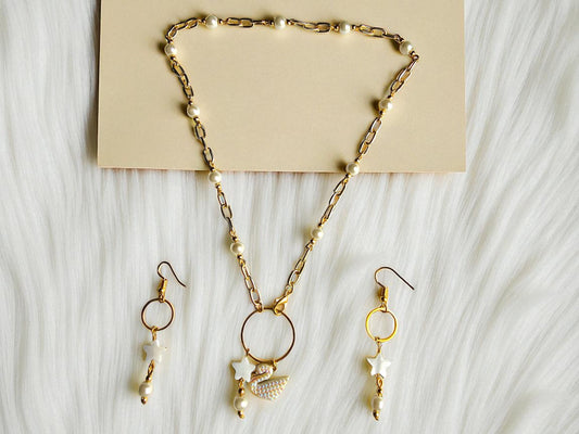 Elegant white pearl station necklace for women paired with matching earrings from Anusangi Collections