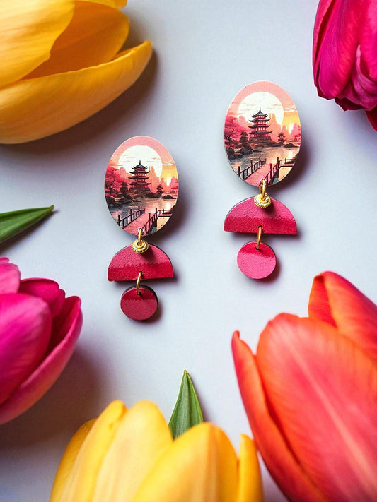 Anusangi Collections wooden statement earrings for women with colorful floral design and unique beaded accents