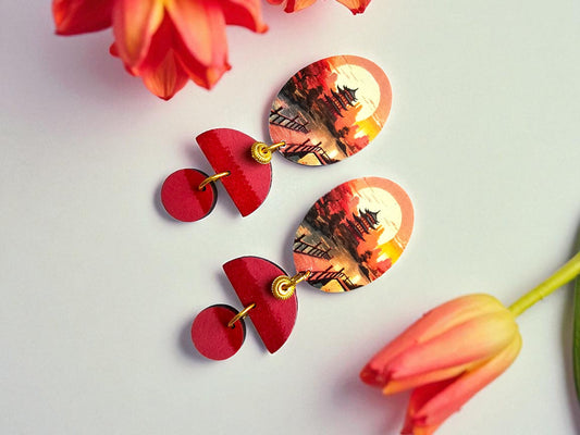 Colorful wooden statement earrings for women featuring a unique design with red and painted patterns