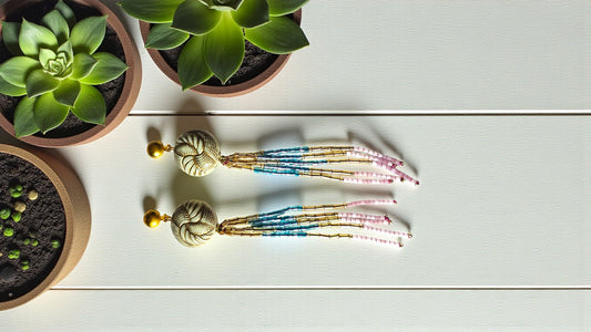 Woven Horizon Tassels Long Multicolor beaded Earrings from Anusangi Collections displayed next to green succulents
