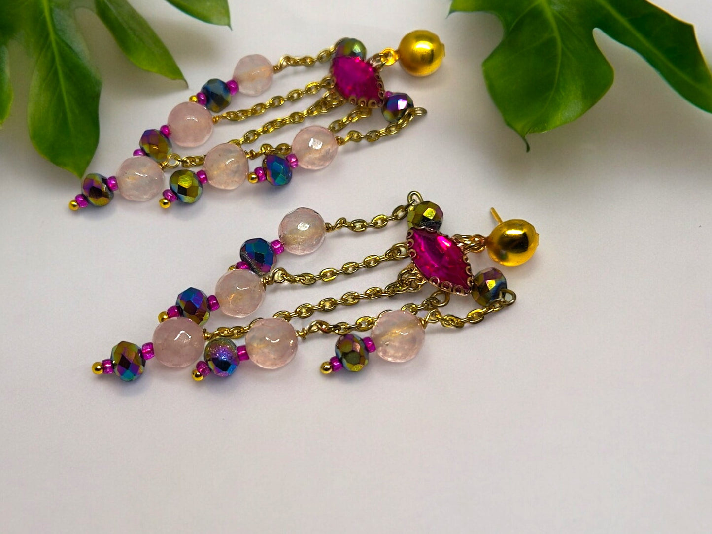 Xiti beaded statement earrings by Anusangi Collections featuring pink and gold beads with chain details