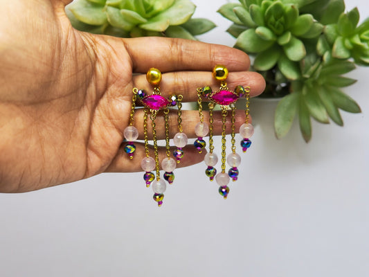 Anusangi Collections Xiti beaded statement earrings with pink stones and multicolor beads on gold chains