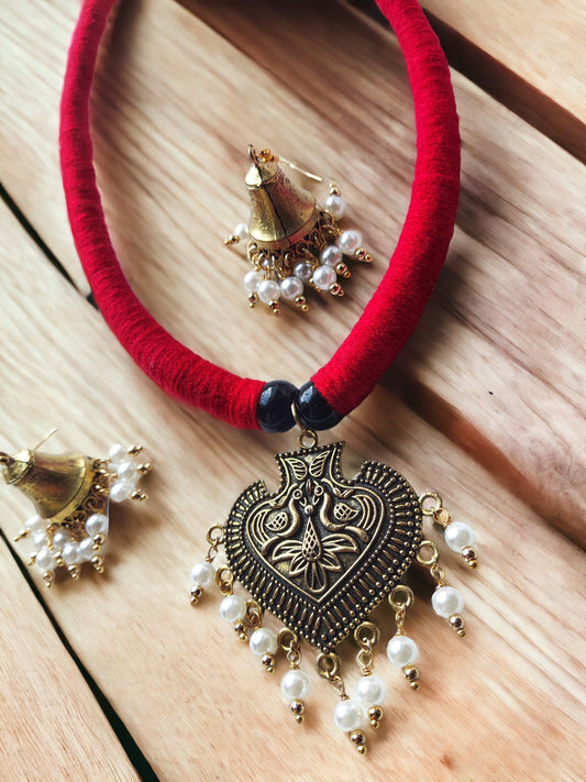 Heart Motifs Detailed Thread Closure Premium Finish Brass Necklace with heavy jhumka