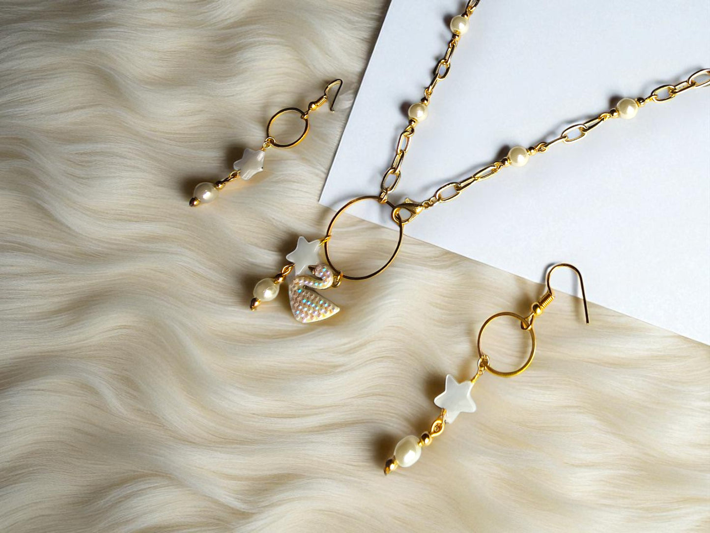 Gold with white beads station necklace
