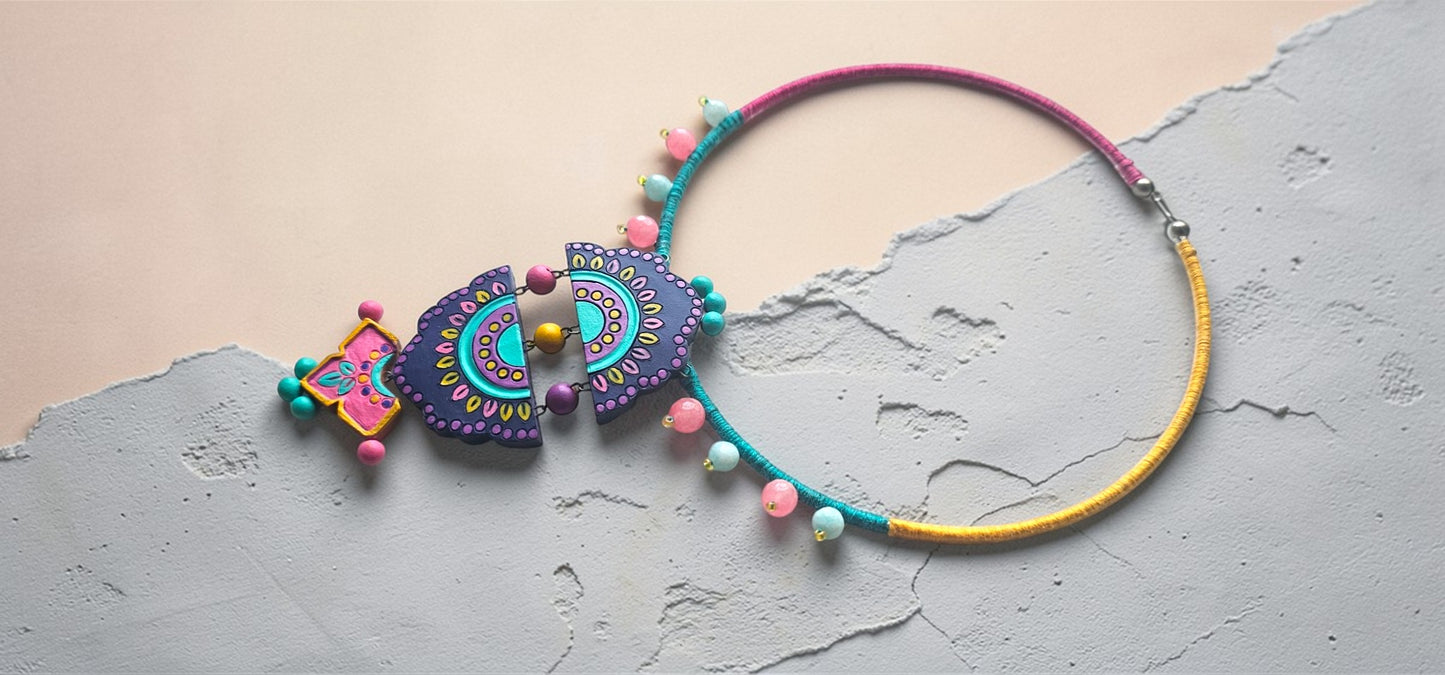 Artisan Handcrafted Purple & Teal Geometric Statement Necklace - Anusangi Collections