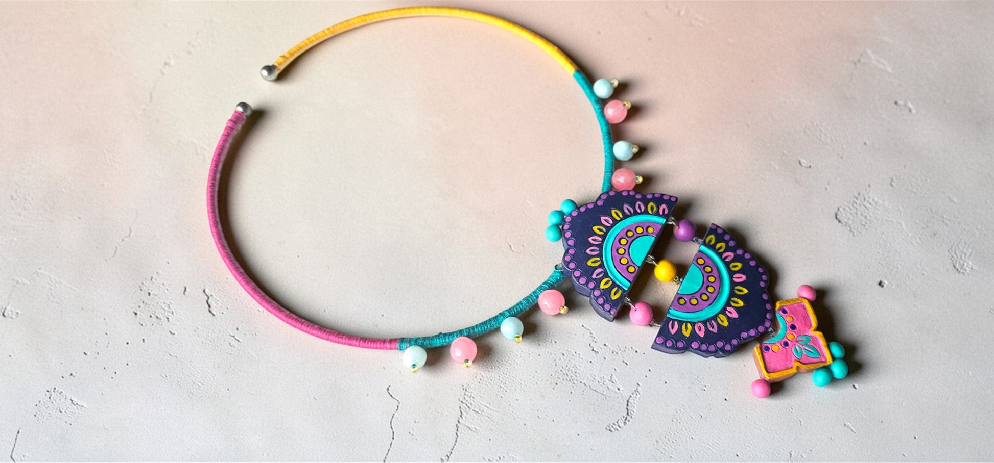 Artisan Handcrafted Purple & Teal Geometric Statement Necklace - Anusangi Collections