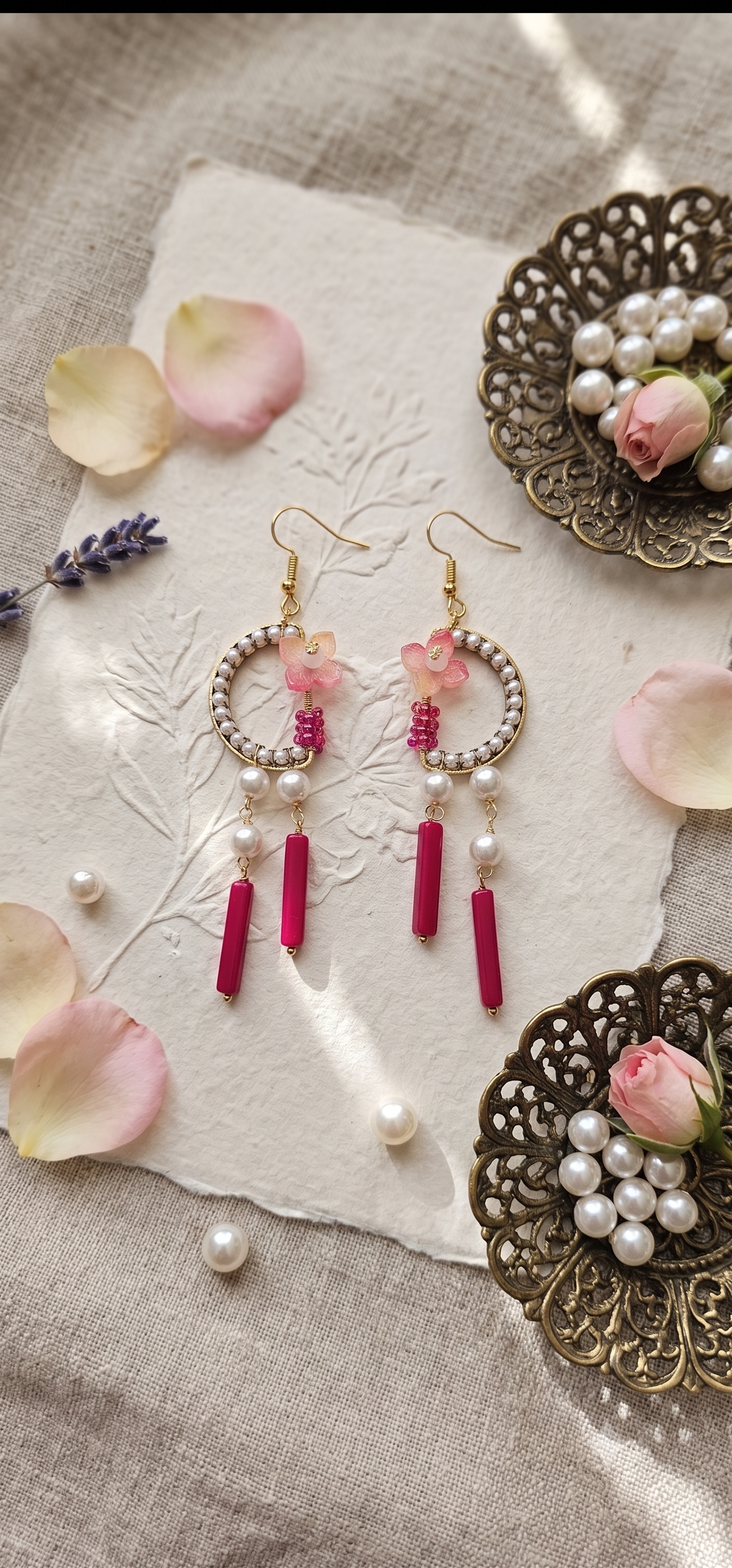 Blossom & Pearl Chandelier Earrings – Red Drop Statement Dangles