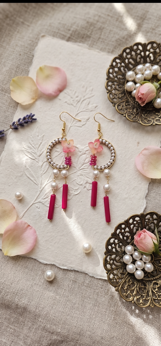 Blossom & Pearl Chandelier Earrings – Red Drop Statement Dangles