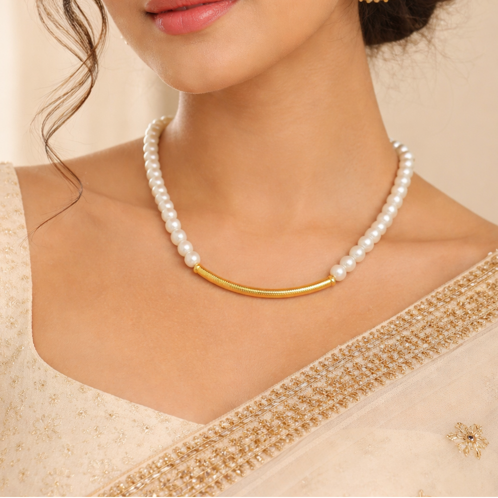 Classic Pearl Bar Necklace – Elegant Gold Curve Minimal Necklace - Anusangi Collections