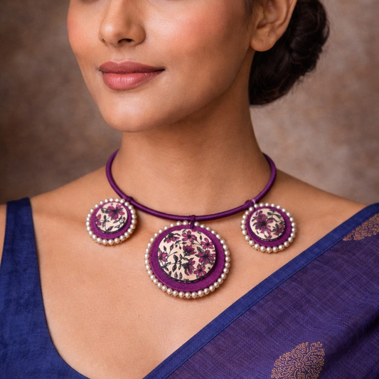 Woman wearing a purple necklace and blue saree against a brown background