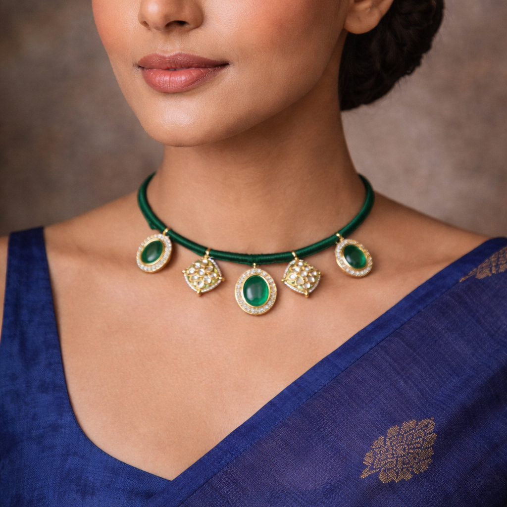 Handcrafted Emerald Green & Kundan Statement Choker Necklace