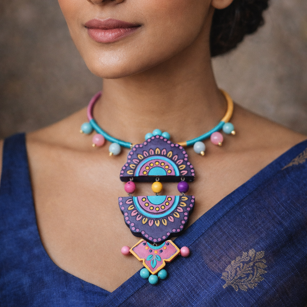 Artisan Handcrafted Purple & Teal Geometric Statement Necklace - Anusangi Collections