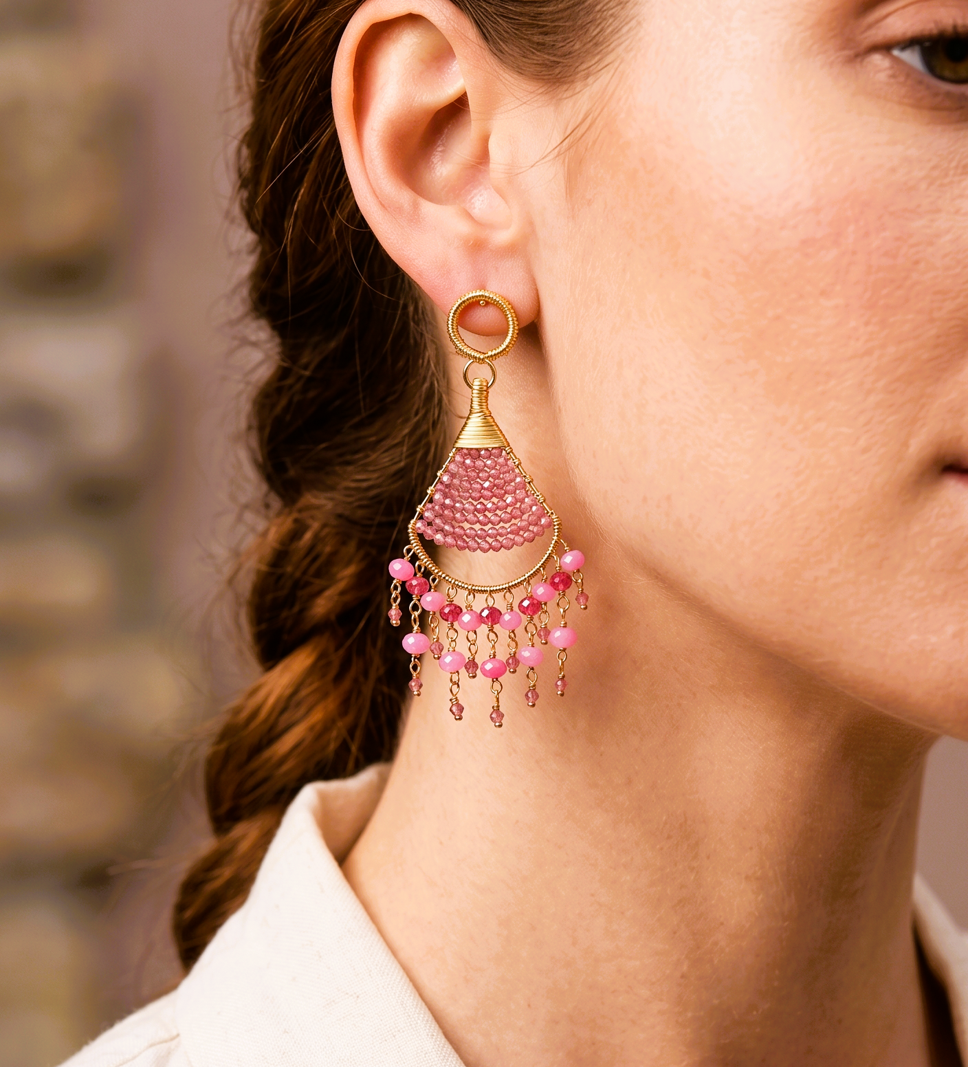Rose Cascade Beaded Boho Statement Dangle Earrings