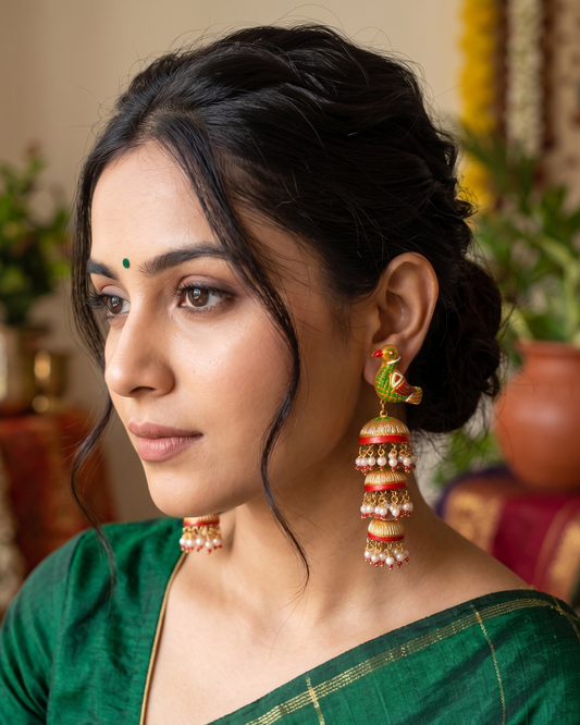 Pakshiraj - Parrot Motif Terracotta Jhumka Earrings