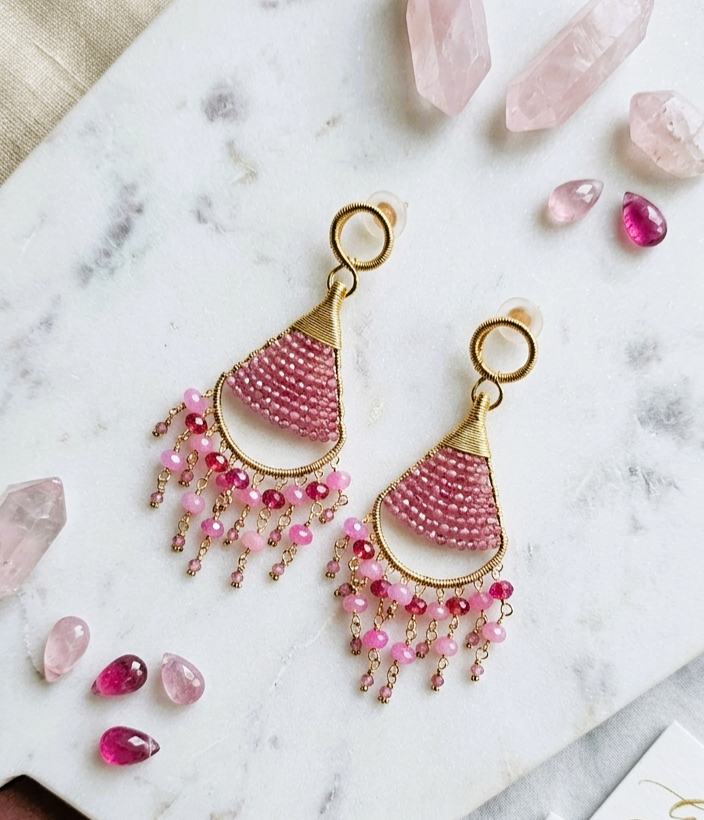 Rose Cascade Beaded Boho Statement Dangle Earrings