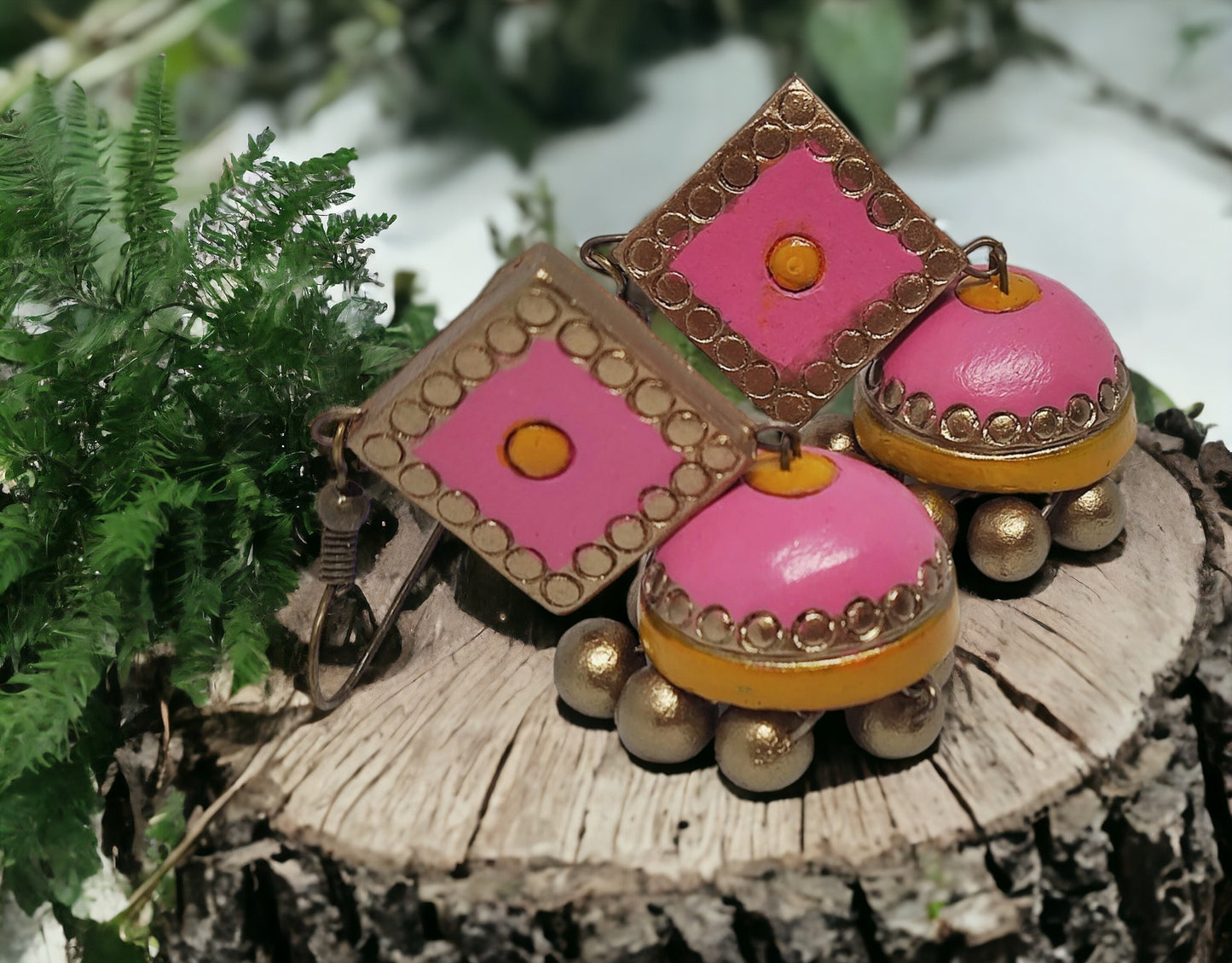 Pink Jhumka earring for women. Handmade, eco friendly and light weight earrings. Pink and yellow in color