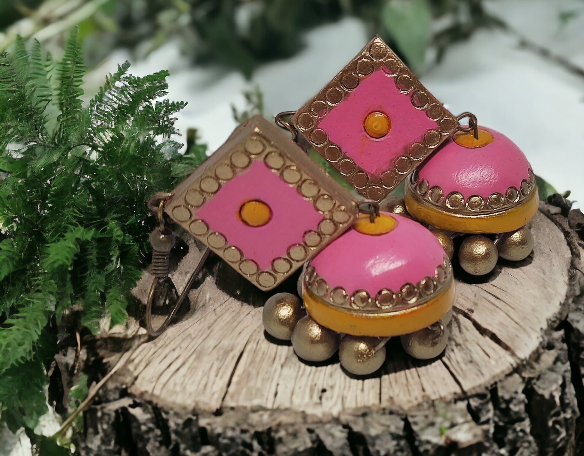 Pink Jhumka earring for women. Handmade, eco friendly and light weight earrings. Pink and yellow in color