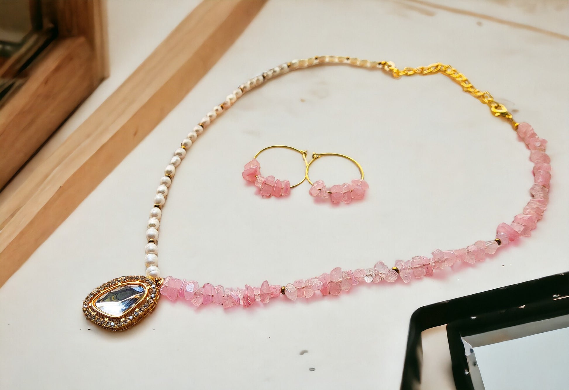 Handmade beaded jewelry made of uncut beads and fresh water pearl. 