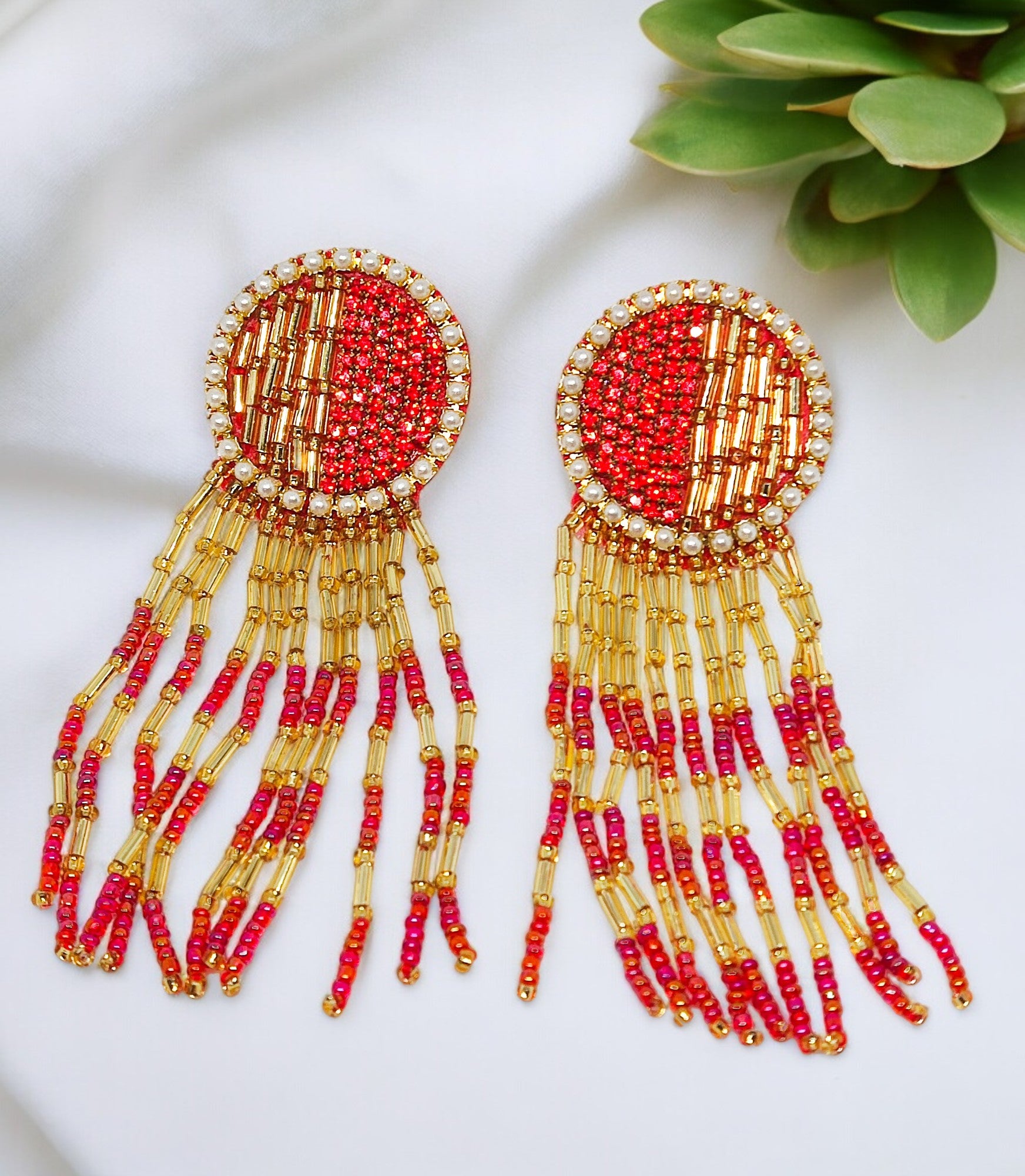 Red Handmade embroidery earring for women