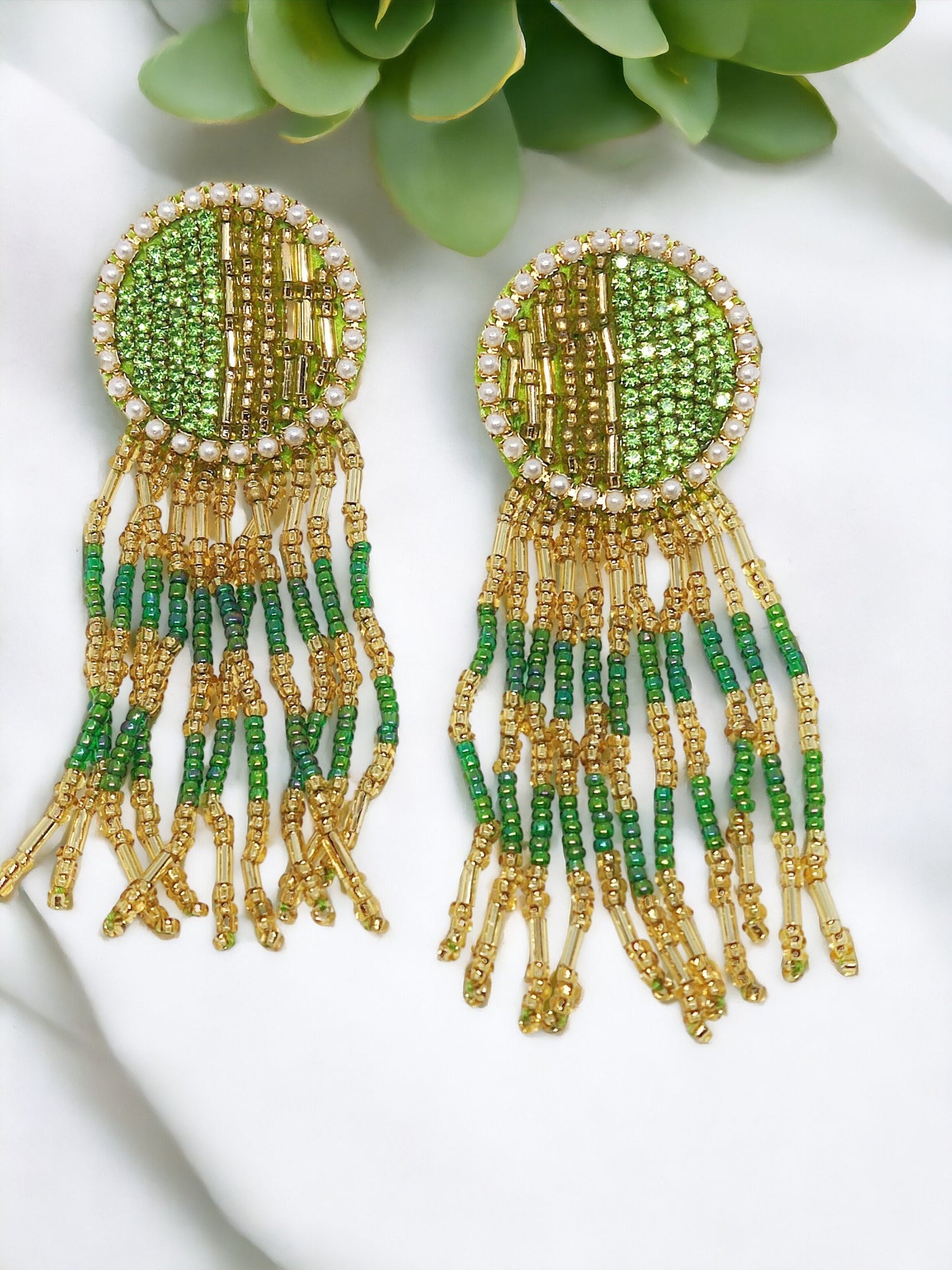 Green Handmade embroidery earring for women