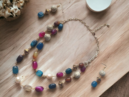 Indulge in the luxurious beauty of our Multi Color Agate Beaded Earrings, featuring stunning pearl and metal accents on a double-layered jewelry set.